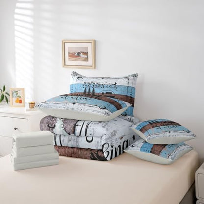 Erosebridal 7 Pcs Happy Camping Bedding Set for Boys Teens, Full Size Rv Camper Comforter Set Rustic Farmhouse Sheets and Pillowcase, Vintage Old Barn Door Bed in A Bag, Country Starry Sky Bed Set