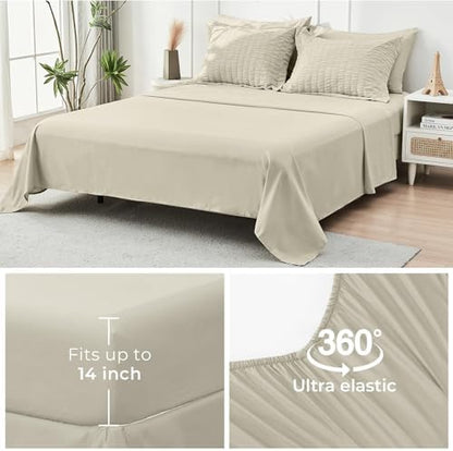 HYMOKEGE Light Linen Twin Comforter Set Seersucker 5 Pieces, All Season Luxury Bed in a Bag for Bedroom, Bedding Set with Comforter, Sheets, Pillowcase & Sham