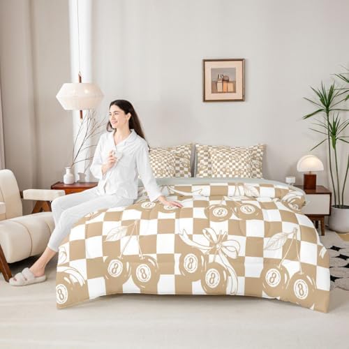 Erosebridal 7 Piece Lucky 8 Ball Comforter Set Twin Fashion Y2K Bowknot Bedding Set with Cute Cherry Ball Design,Minimalist Trendy Geometric Plaid Bed in A Bag Aesthetic Funky Coquette Bed Set