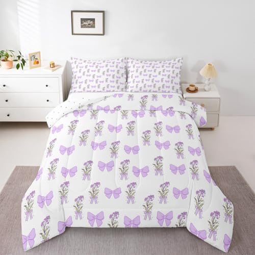 Castle Fairy Purple Bowknot Queen Size Comforter Set,Vintage Farmhouse Kawaii Floral Duvet Insert for Kids Teens Girls,Romantic Princess Style Bedding Comforters for Bedroom Decor,3 Pcs