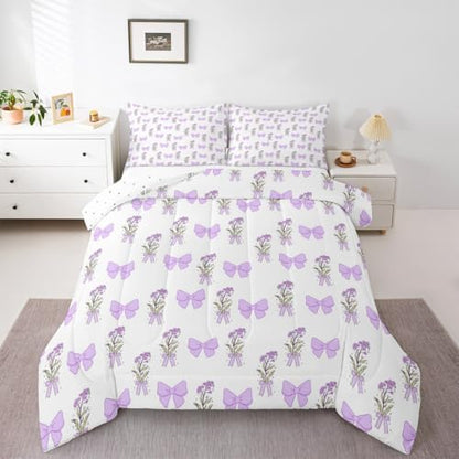 Castle Fairy Purple Bowknot Comforter Set Full Size,Vintage Farmhouse Kawaii Purple Floral Duvet Sets for Kids Teens Girls Bedroom,Romantic Princess Style Bedding Comforter,3 Pcs