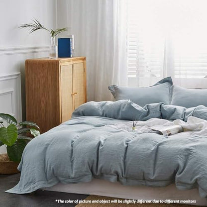 Simple&Opulence 100% Linen Duvet Cover Set with Embroidery Border Washed - 2 Pieces (1 Duvet Cover & 1 Pillow Sham) with Button Closure Soft Breathable Farmhouse - Dusty Blue, Twin Size