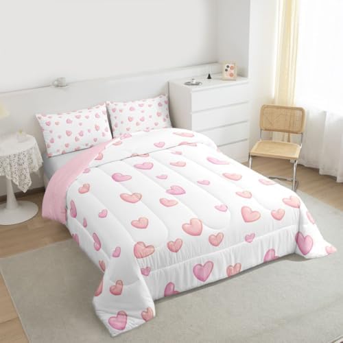 jejeloiu Pink Heart Comforter Set Full Size Kawaii Bedding Set for Kids Boys Girls Dreamy Princess Style Duvet Quilt Bedroom Decor Microfiber 3 Pcs with 2 Pillow Cases