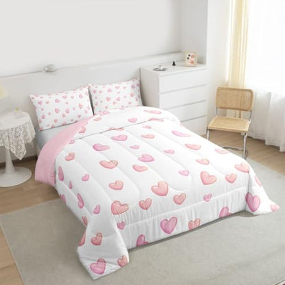 jejeloiu Pink Heart Comforter Set Full Size Kawaii Bedding Set for Kids Boys Girls Dreamy Princess Style Duvet Quilt Bedroom Decor Microfiber 3 Pcs with 2 Pillow Cases