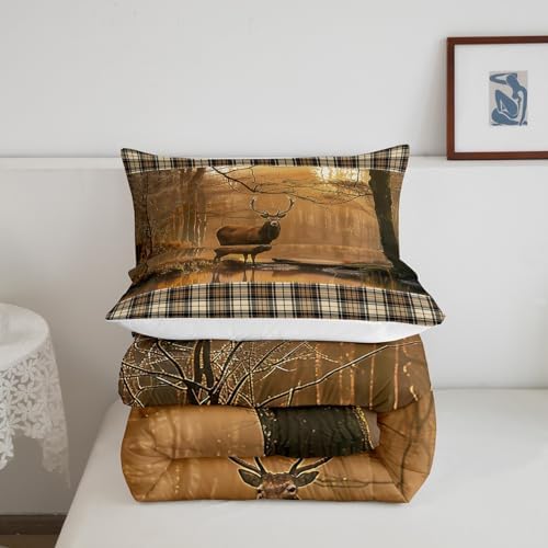 Manfei 3D Deer Comforter Set King Size, Wildlife Hunting Theme Wild Animal Print Bedding Set 3pcs for Kids Boys Teens Bedroom Decor, Champagne Plaid Print Quilt Set with 2 Pillowcases