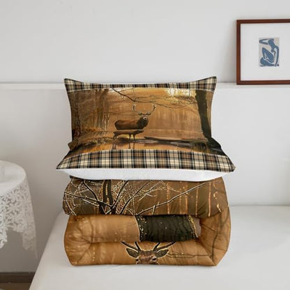 Manfei 3D Deer Comforter Set King Size, Wildlife Hunting Theme Wild Animal Print Bedding Set 3pcs for Kids Boys Teens Bedroom Decor, Champagne Plaid Print Quilt Set with 2 Pillowcases