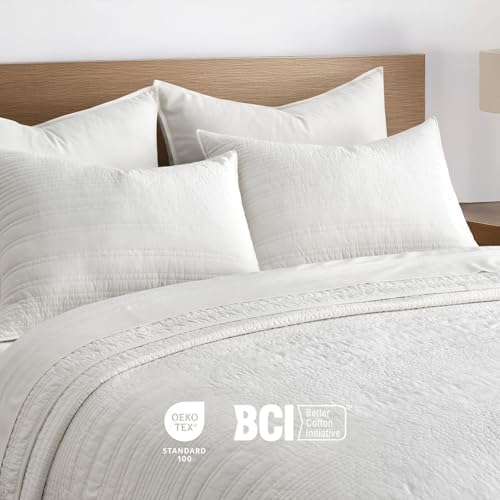 EVERGRACEHOME 100% Cotton Modern Lines Quilt Set Queen Size, Warm White