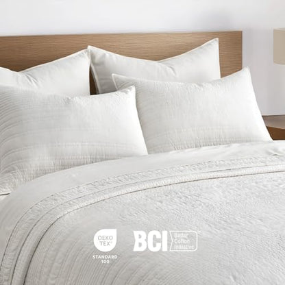 EVERGRACEHOME 100% Cotton Modern Lines Quilt Set Queen Size, Warm White
