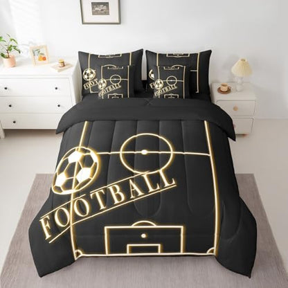 Sport Bedding Comforter Sets 7pcs for Boys Soccer Bed in a Bag, Sports Theme King Bedding Sets Orange Black Comforter Set, Glowing Gradient Bedding Sets & Collections Ultra Soft (Black Reversible)