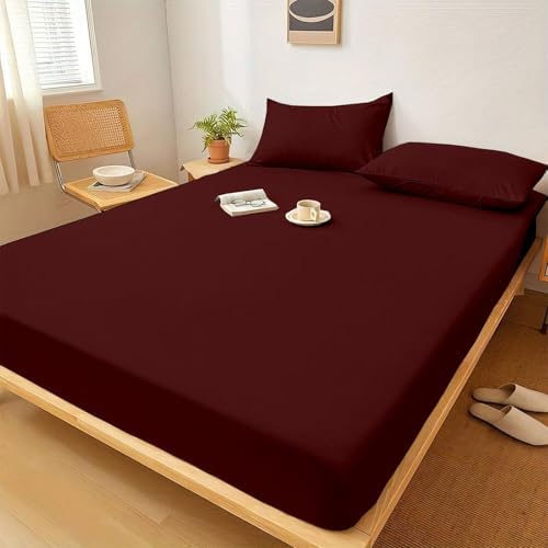 1 Piece Queen Size Fitted Sheet Only, 15-Inch Deep Mattress, Burgundy Solid
