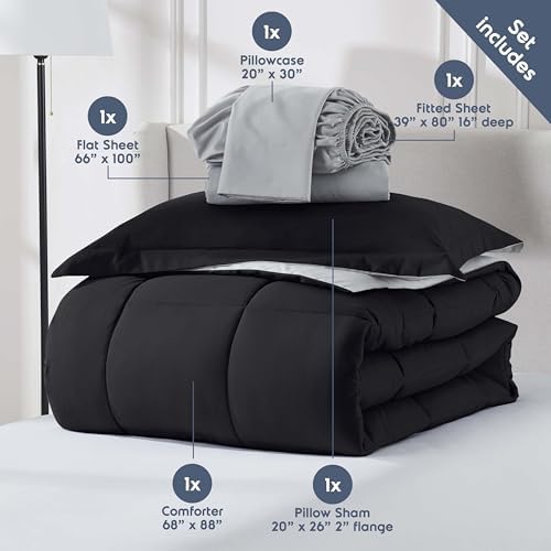 Nestl 7 Piece Twin XL Comforter Set – Black Reversible Bed in a Bag – Complete Twin XL Size Bedding Set with Sheets, Set of 2 Down Alternative Pillows, Pillowcase and Sham