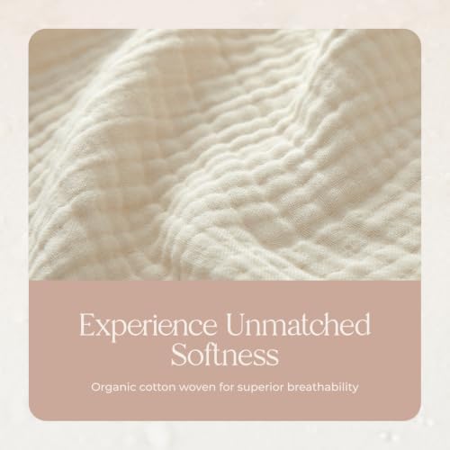 100% Cotton Organic Muslin Throw Blanket for Adults GOTS & Fairtrade Certified Organic Cotton - Couch Living Room and Bedroom Decor - 4 Layer Super Soft and Cozy (Natural, Queen)