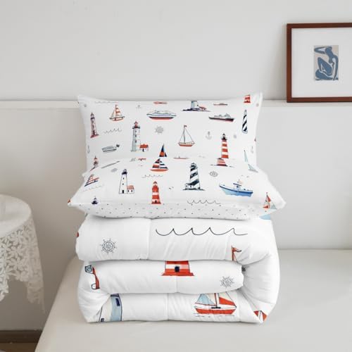 Lighthouse Comforter Set Queen Size,Nautical Anchor and Boat Rudder Quilted Duvet Kids Boys Undersea Adventure Bedding Set 3pcs for Teens Men Room Decor Modern White Duvet Insert,2 Pillowcases