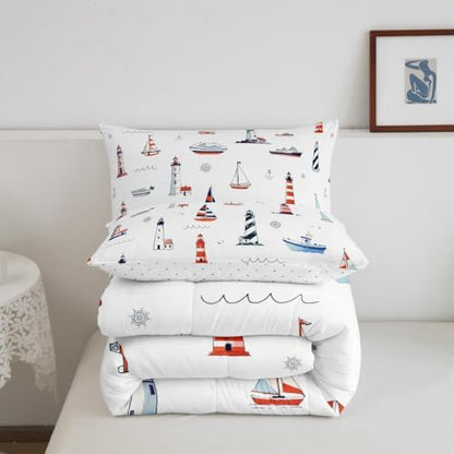 Lighthouse Comforter Set Queen Size,Nautical Anchor and Boat Rudder Quilted Duvet Kids Boys Undersea Adventure Bedding Set 3pcs for Teens Men Room Decor Modern White Duvet Insert,2 Pillowcases