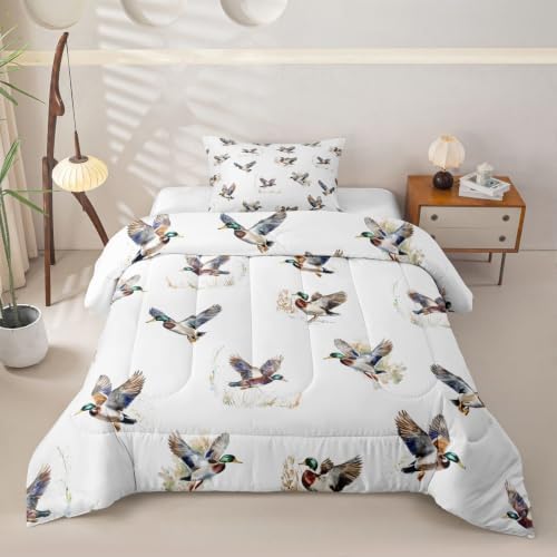 Feelyou Mallard Duck Comforter Set Twin Size Duck Hunt Bedding Set for Kids Boys Girls Wild Duck Hunting Duvet Quilt Wild Animal Bedroom Decor Microfiber 2 Pcs with 1 Pillow Cases