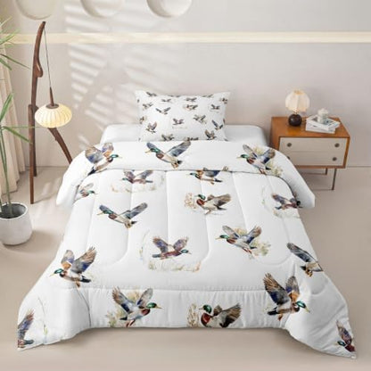 Feelyou Mallard Duck Comforter Set Toddler Size Duck Hunt Bedding Set for Kids Boys Girls Wild Duck Hunting Duvet Quilt Wild Animal Bedroom Decor Microfiber 2 Pcs with 1 Pillow Cases