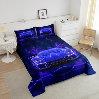 Feelyou Boys Sports Car Bedding Set King Size,Blue Black Race Car Comforter Set,Boys Bedroom Room Decor,Geometric Hexagon Racing Car Comforter,Cool Speed Luxury Car Decor Bed Set for All Season