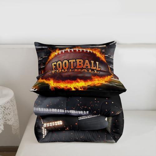 Castle Fairy Football Comforter Set Twin Size American Rugby Sports Bedding Set Kids Boys Teens Ball Gaming Theme All Season Quilt Set 3D Burning Flame Bedding Comforter Sets with 1 Pillowcase