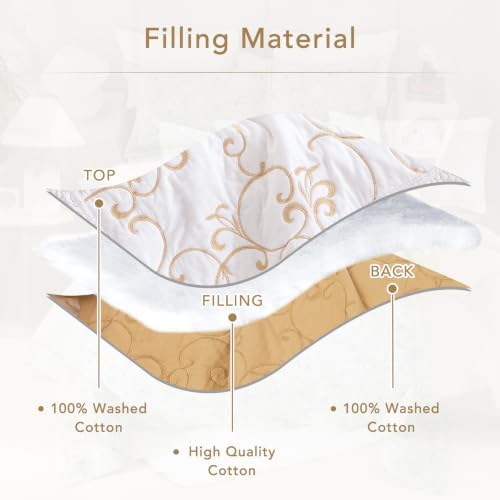 Lady Ann Oversized King 120x120 Quilt Bedspreads,100% Cotton Embroidery Pattern California King Size Quilt Bedding Set Extra Large White with Gold Bedding Coverlet Sets Lightweight All Season 3 Pcs