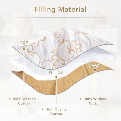 Lady Ann Oversized King 120x120 Quilt Bedspreads,100% Cotton Embroidery Pattern California King Size Quilt Bedding Set Extra Large White with Gold Bedding Coverlet Sets Lightweight All Season 3 Pcs