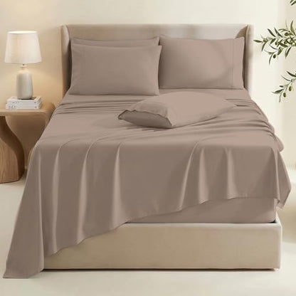 Hearth & Harbor Extra Deep Pocket Queen Sheets Sets - Fits Mattress 18-24 Inches Deep - Extra Deep Pocket Sheets - 6 Piece Queen Size - Taupe