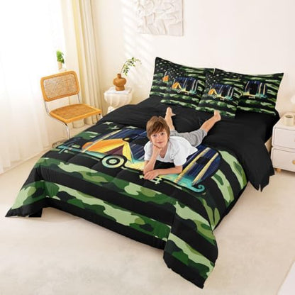 Erosebridal American Flag Camo 7 Piece Comforter Set Twin Bed in A Bag Happy Camping Bedding Set for Boys Girls Kids Army Green Camoflage Sheet Set with Comforter Camper Car Campsite Duvet Insert