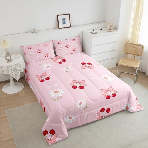 Pink Bowknot Girly Comforter Set Queen Size,Bow Daisy Flowers Plant Cute Bedding Set,Girls Women Room Decor,Cherry Bow Tie Princess Castle Down Comforter,Pink Romantic Duvet Insert,2 Pillowcases