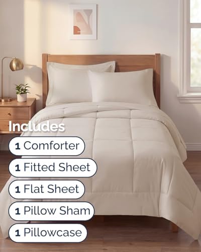 Twin XL Comforter Set - 5 Piece Bed in a Bag Twin XL Size Bed Set - Wheat