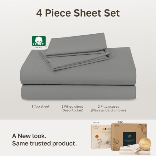 Soft Natural 100% Cotton Sateen Full Size Bed Sheet Set, 4 Pcs, Misty Grey