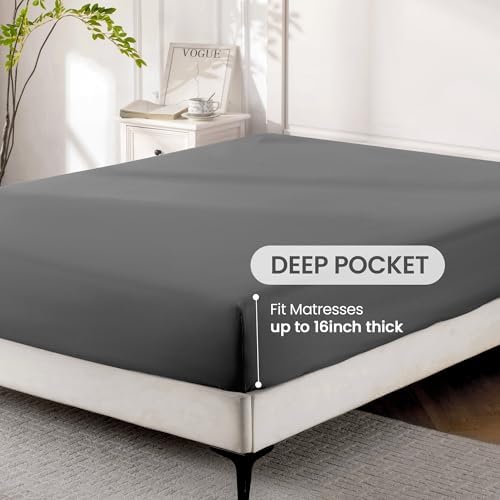 ROSE&RISY Dark Grey King Sheet Set, 4 Pieces Soft Bedding King Sheet Set, Breathable and Cooling,Includes 1 x Fitted Sheet, 1 x Flat Sheet, 2 x Pillowcases - Deep Pocket (Dark Grey, King)