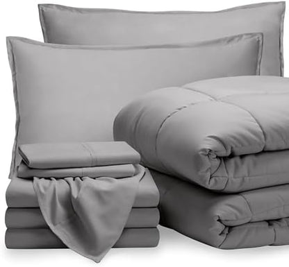 Bare Home Bed-in-A-Bag 8 Piece Comforter & Sheet Set - Split King - Goose Down Alternative - Ultra-Soft 1800 Premium Bed Set (Split King, Light Grey/Light Grey)