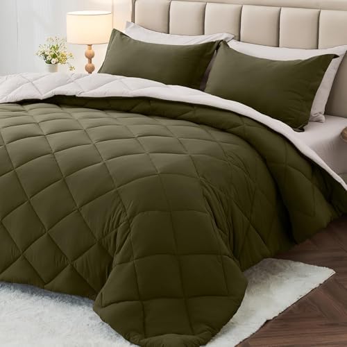 MUXHOMO 7 Pieces King Comforter Set, Reversible Bed in a Bag King Size, All Season Bedding Set with Comforter, Flat Sheet, Fitted Sheet, Pillowcases & Shams, Olive Green & Beige