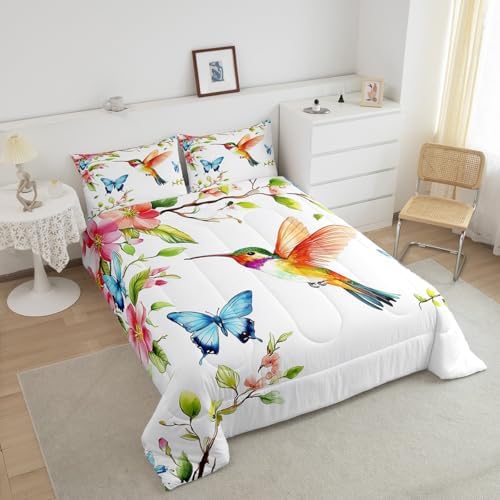 jejeloiu Hummingbird Comforter Set Toddler Size Kids Tropical Birds Bedding Set Boys Girls Flowers Leaves Spring Duvet Breathable Botanical Floral Quilt Bedroom Decor,1 Comforter with 1 Pillowcase