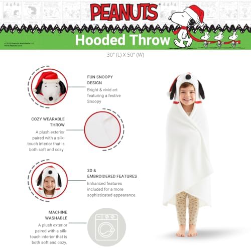 Peanuts Snoopy Santa Hat Hooded Throw - Kids Holiday Christmas Bedding Super Soft Throw Blanket - 30 in x 50 in, (Officially Licensed Product) by Franco