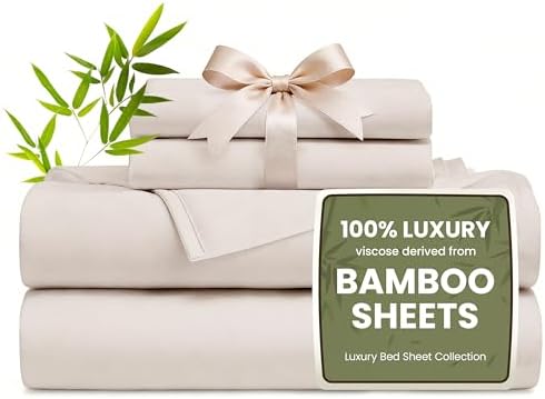 Love's cabin 4 Piece King Size Sheet Set, 100% Rayon Derived from Bamboo, Cooling & Breathable, Soft Silky Deep Pocket up to 16", Hotel Luxury Bedding for Hot Sleepers, Sand