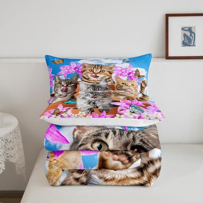 Kids Cute Cat Bedding Set Cartoon Pet Cats Kittens Comforter Set Cat Lovers Animal Themed Comforter for Boys Girls Purple Floral Butterflies Print Down Alternative Comforter Room Decor Toddler Size