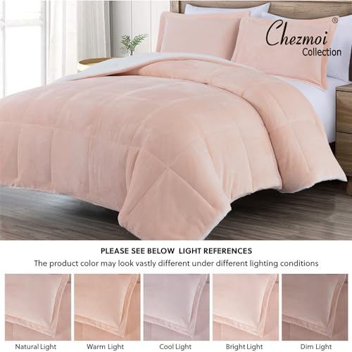 Chezmoi Collection Ultra-Soft Micromink Sherpa Comforter Set with 2 Pillow Shams Queen Size - Blush Reversible Plush Bedding Comforter 3-Piece Set Warm Winter Blanket