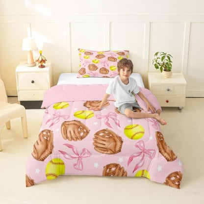 Cartoon Baseball Comforter Set Twin Size,Pink Silk Bow Print Bedding Sets 2Pcs for Kids Girls Boys Teens Room Decor,Coquette Little Star Duvet Insert Brown Baseball Gloves Down Comforter,1 Pillowcase