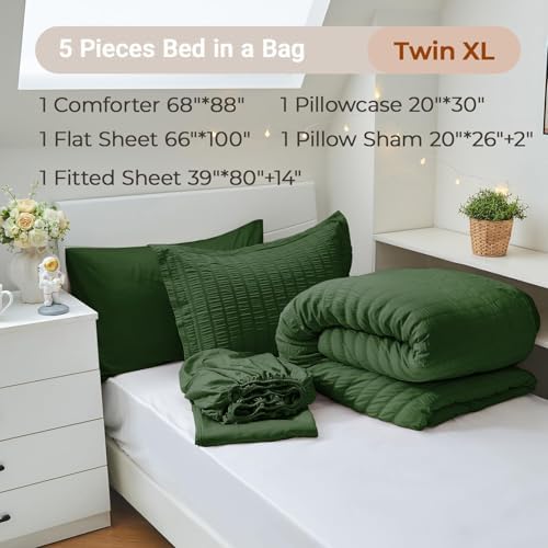 MUXHOMO 5 Pieces Twin XL Comforter Set, Seersucker Bed in a Bag Twin XL Size, All Season Luxury Bedding Set with Comforter, Flat Sheet, Fitted Sheet, Pillowcase & Sham, Dark Green