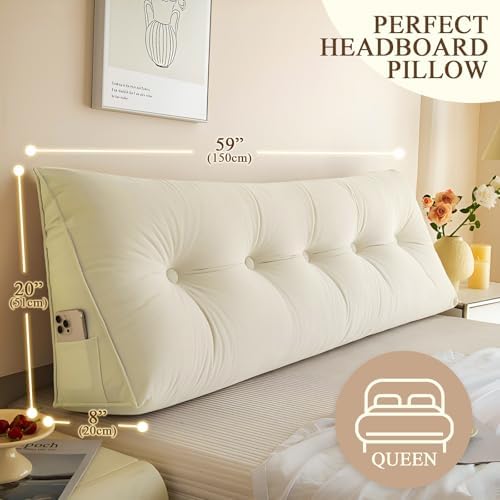DANGHOOGY Headboard Pillow Queen, Large Triangular Wedge Headboard Pillow for Reading and Resting, Backrest Positioning Support Pillow with Removable Cover (Beige)