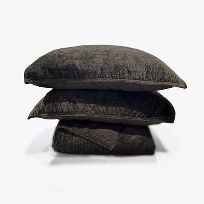 Wonderful Velvet Quilt Set - Wood-Grain Stitched Brownish Black Quilt King Size, Velvet Lightweight Comforter with 2 Pillow Shams, Luxurious Suede Bedspread Coverlet for All Season, 106"x94"
