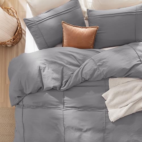 Bedsure Grid Boho Duvet Cover King, Textured Bedding, 3-Piece, Grey