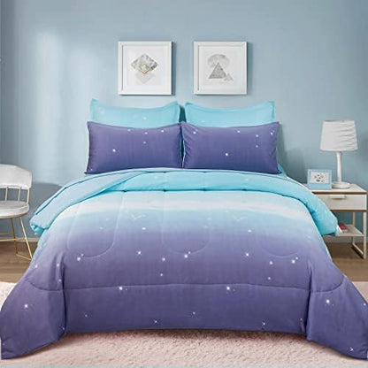 Dinjoy Girls Women Comforter Set King Size Ombre Blue Purple Rainbow Bedding Set 7 Pieces Bed in A Bag for Teen Adult (1 Comforter, 1 Flat Sheet, 1 Fitted Sheet, Pillow Shams & Pillowcases)