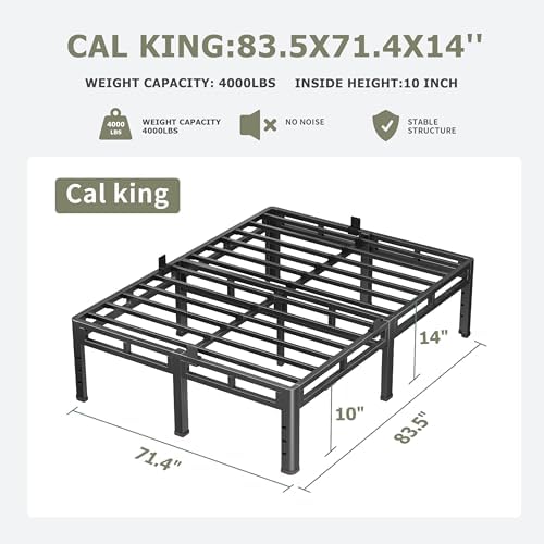NKZ 2-in-1 California King Metal Platform Bed Frame, 14" Heavy Duty Base