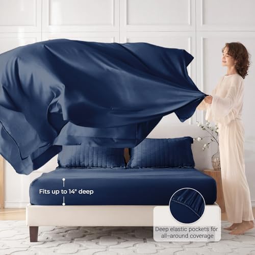MUXHOMO 7 Pieces Oversized King Comforter Set, Seersucker Bed in a Bag Oversized King Size, All Season Luxury Bedding Set with Comforter, Flat Sheet, Fitted Sheet, Pillowcases & Shams, Navy Blue