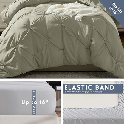 Nestl 7 Piece Twin Comforter Set – Light Sage Pinch Pleated Bed in a Bag – Complete Twin Size Bedding Set with Sheets, Set of 2 Cooling Pillows, Pillowcase and Sham