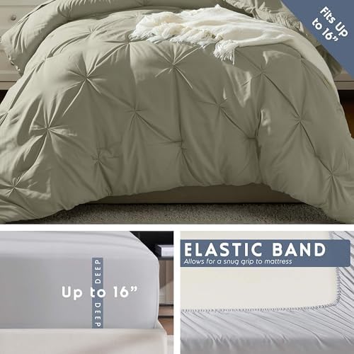 Nestl 7 Piece Twin XL Comforter Set – Light Sage Pinch Pleated Bed in a Bag – Complete Twin XL Size Bedding Set with Sheets, Set of 2 Cooling Pillows, Pillowcase and Sham