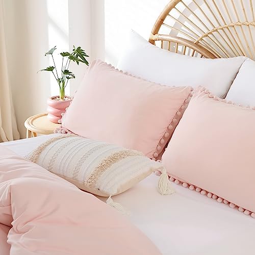 YIRDDEO Twin Comforter Set, Blush Pink Ball Pom Fringe Bedding Set 2 Pcs