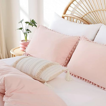 YIRDDEO Queen Comforter Set, Blush Pink Ball Pom Fringe Bedding Set 3 Pcs