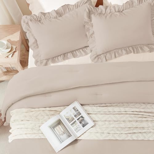 Andency Khaki Queen Comforter Set, 3 Pieces Farmhouse Shabby Chic Bedding